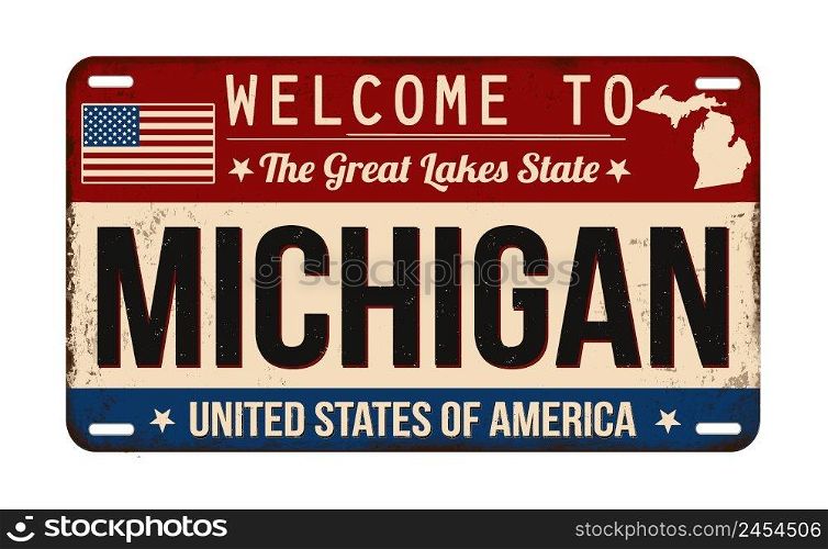 Welcome to Michigan vintage rusty license plate on a white background, vector illustration