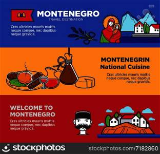 Welcome to Montenegro posters with delicious national cuisine and natural attractions. Trip to European country horizontal long banners. Travel destination commercials vector illustrations set.. Welcome to Montenegro posters with national cuisine and attractions