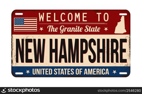 Welcome to New Hampshire vintage rusty license plate on a white background, vector illustration