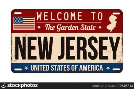 Welcome to New Jersey vintage rusty license plate on a white background, vector illustration