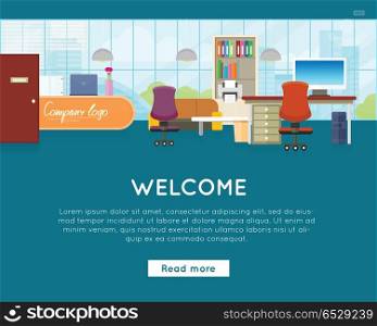 Welcome to Office Vector Web Banner In Flat Design.. Welcome to office concept web banner vector. Flat style. Bright interior with modern furniture, workplace and reception. Comfortable place for work. Illustration of modern business apartments design.