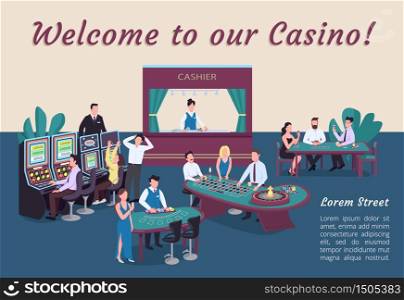 Welcome to our casino poster flat vector template. People playing poker. Blackjack table. Slot machine. Brochure, booklet one page concept design with cartoon characters. Casino flyer, leaflet