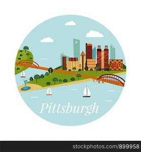 Welcome to Pittsburgh poster. View on river and skyscrapers. Welcome to Pittsburgh poster. View on skyscrapers
