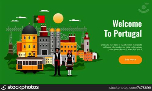 Welcome to Portugal horizontal banner with transport and cuisine symbols flat vector illustration