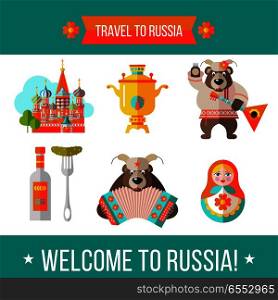 Welcome to Russia. Travel to Russia. Set of clipart Russian traditional items. Russian souvenir. Vector illustration.