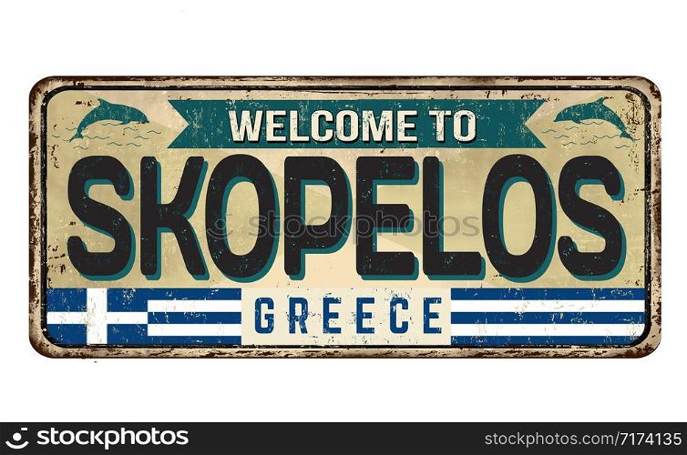 Welcome to Skopelos vintage rusty metal sign on a white background, vector illustration