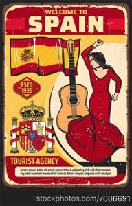 Welcome to Spain, tourism and travel agency vector vintage poster. Spanish culture and historic landmarks tours, flamenco dance and traditional guitar music, Madrid and Seville sightseeing. Spain travel, landmarks, culture, tourism