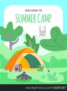 welcome to Summer Camp Vertical Banner, Tent, Backpack, Campfire with Logs on Deep Forest Landscape Background with Green Trees and Bushes. Hiking, Summertime Leisure. Cartoon Flat Vector Illustration. welcome to Summer Camp Banner, Tent, Campfire