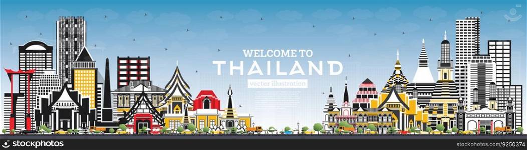 Welcome to Thailand City Skyline with Color Buildings and Blue Sky. Vector Illustration. Tourism Concept with Historic Architecture. Thailand Cityscape with Landmarks.
