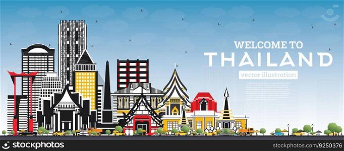 Welcome to Thailand City Skyline with Color Buildings and Blue Sky. Vector Illustration. Tourism Concept with Historic Architecture. Thailand Cityscape with Landmarks.