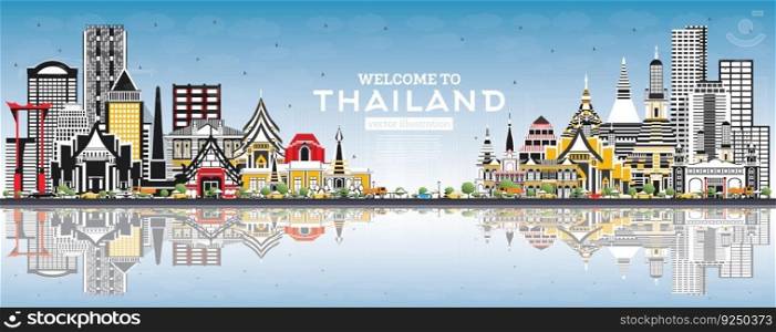 Welcome to Thailand City Skyline with Color Buildings, Blue Sky and Reflections. Vector Illustration. Tourism Concept with Historic Architecture. Thailand Cityscape with Landmarks. 