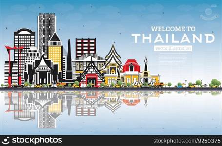 Welcome to Thailand City Skyline with Color Buildings, Blue Sky and Reflections. Vector Illustration. Tourism Concept with Historic Architecture. Thailand Cityscape with Landmarks. 