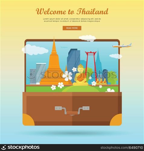 Welcome to Thailand concept web banner. Flat style vector. Vacation in Asia. Suitcase with city landscape, Buddhist architecture and monuments. For travel company landing page, corporate site design. Welcome to Thailand Flat Style Vector Web Banner . Welcome to Thailand Flat Style Vector Web Banner