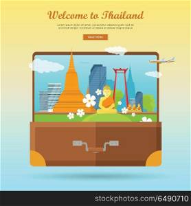 Welcome to Thailand concept web banner. Flat style vector. Vacation in Asia. Suitcase with city landscape, Buddhist architecture and monuments. For travel company landing page, corporate site design. Welcome to Thailand Flat Style Vector Web Banner . Welcome to Thailand Flat Style Vector Web Banner