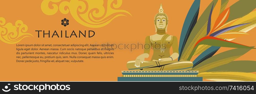 Welcome to Thailand. Travel Agency advertising flyer template. The statue of the Golden Buddha, a religious symbol. Wind illustration.. Golden Buddha statue in Thailand. Vector illustration.