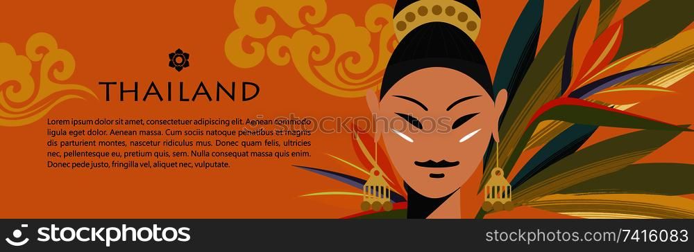 Welcome to Thailand. Travel Agency advertising flyer template. Beautiful Thai girl on the background of exotic leaves and Thai ornament.. Thai beautiful girl on a background of exotic leaves and Thai pattern. Vector illustration.