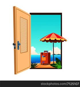Welcome to the beach cartoon vector template. Illustration of doorway to sea beach, paradise travel. Welcome to the beach cartoon vector template