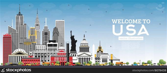 Welcome to USA Skyline with Gray Buildings and Blue Sky. Famous Landmarks in USA. Vector Illustration. Travel and Tourism Concept with Historic Architecture. USA Cityscape with Landmarks.