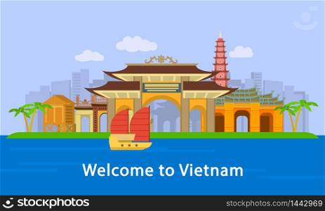 Welcome to Vietnam location concept banner. Flat illustration of welcome to Vietnam location vector concept banner for web design. Welcome to Vietnam location concept banner, flat style