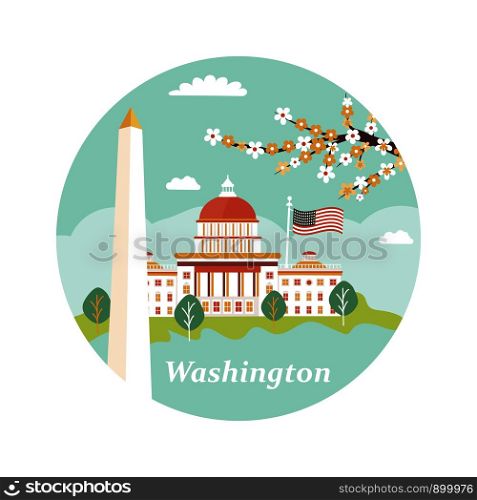 Welcome toWashington poster. View on White House and obelisk. Welcome to Washington vintage poster.