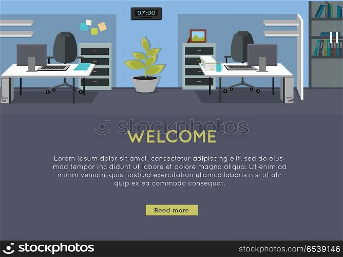 Welcome Vector Concept in Flat Style Design. Welcome vector concept. Flat style. Office with workplace, sofa, bonsai, rack with documents. Comfortable place for work. Illustration of modern business apartments design