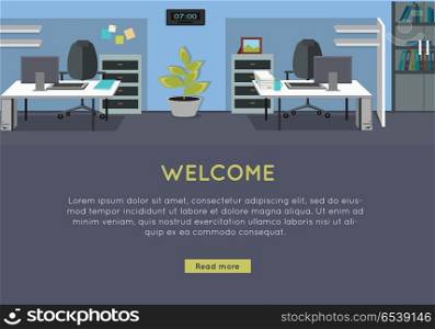 Welcome Vector Concept in Flat Style Design. Welcome vector concept. Flat style. Office with workplace, sofa, bonsai, rack with documents. Comfortable place for work. Illustration of modern business apartments design