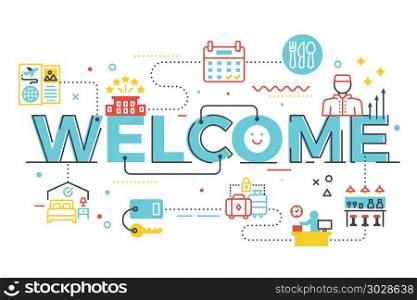 Welcome word lettering illustration. Welcome word lettering illustration with icons for web banner, landing page, essay, etc.