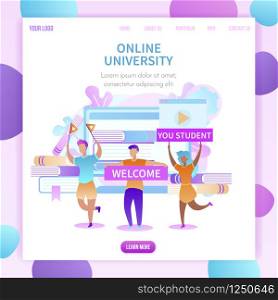 Welcome You Student Square Banner. Happy Cartoon Group of Students Meet New Scholars with Banners and Flags to Online University. Textbooks, Leaves, Cogwheels, App Background. Flat Vector Illustration. Welcome You Student Square Banner. Happy People