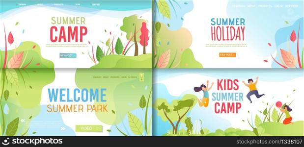 Welcoming and Invitation Cartoon Banner Promo Set. Advertising Poster Offering Rest in Park, Kids Camp. Happy Vacation. Natural Holiday and Landing Page. Vector Funny Time Flat Illustration. Welcoming Invitation Landing Page and Banner Set