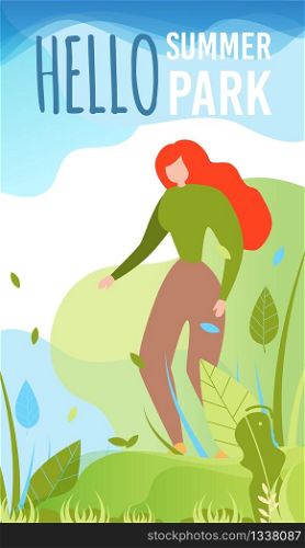 Welcoming Card with Cartoon Woman Character. Hello Summer Park Greeting Banner. Mobile Cover with Faceless Female Walking in Green Garden. Vector Summertime and Rest Illustration in Flat Style. Welcoming Flat Card with Cartoon Woman Character
