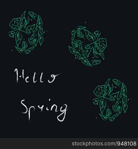 Welcoming the spring with hello with a bunch of green fallen leaves, vector, color drawing or illustration.