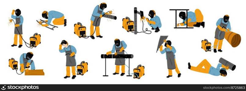 Welder at work, flat vector illustration set. Male characters in uniform and protective mask welding metal pipes, sitting, standing, lying, using equipment isolated on white background. Occupation. Welder at work, flat vector illustration set