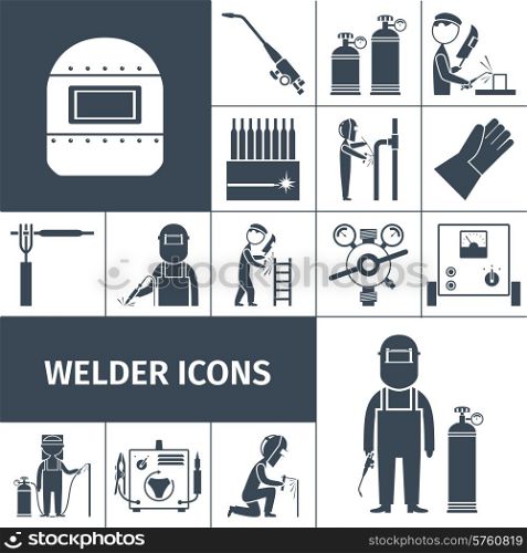 Welder decorative icons black set with worker equipment isolated vector illustration
