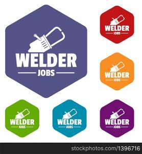 Welder icons vector colorful hexahedron set collection isolated on white . Welder icons vector hexahedron