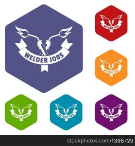 Welder job icons vector colorful hexahedron set collection isolated on white . Welder job icons vector hexahedron