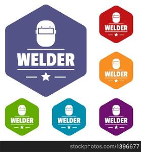 Welder mask icons vector colorful hexahedron set collection isolated on white . Welder mask icons vector hexahedron
