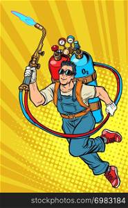 welder professional worker. superhero with gas cylinders. Pop art retro vector illustration kitsch vintage. welder professional worker. superhero with gas cylinders