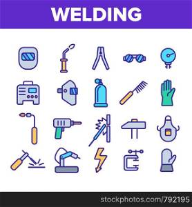 Welding Equipment Linear Icons Vector Set. Construction, Welding, Brazing Tools, Stuff Thin Line Icons Collection. Welders Instruments, Protective Gear. Manufacturing Isolated Outline Symbols. Welding Equipment Linear Icons Vector Set