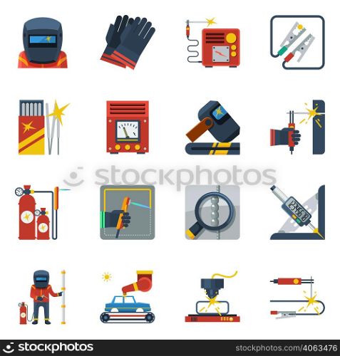 Welding flat color icons set of gas cylinders rubber gloves helmet gas burner isolated vector illustration . Welding Flat Color Icons