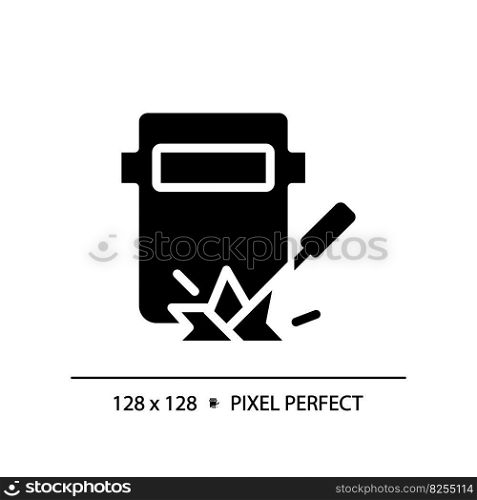 Welding pixel perfect black glyph icon. Railway track maintenance. Railcar repair. Manufacturing engineering. Silhouette symbol on white space. Solid pictogram. Vector isolated illustration. Welding pixel perfect black glyph icon