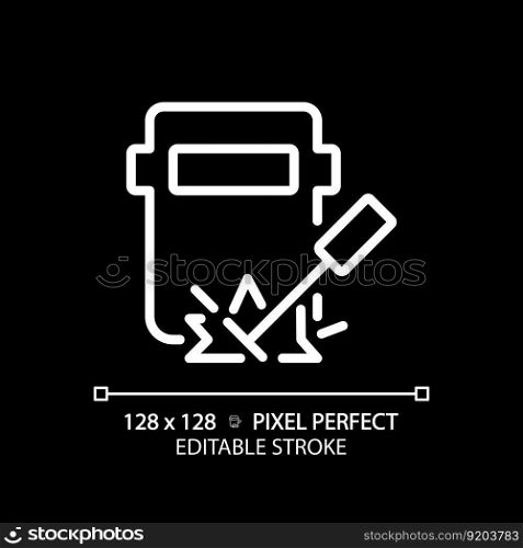 Welding pixel perfect white linear icon for dark theme. Railway track maintenance. Railcar repair. Manufacturing engineering. Thin line illustration. Isolated symbol for night mode. Editable stroke. Welding pixel perfect white linear icon for dark theme