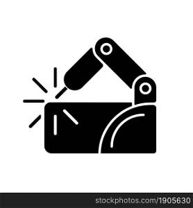 Welding robotics black glyph icon. Robotic application in manufacturing sector. Improve working environment. Automating factory. Silhouette symbol on white space. Vector isolated illustration. Welding robotics black glyph icon