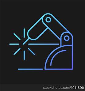 Welding robotics gradient vector icon for dark theme. Robotic application in manufacturing sector. Automating factory. Thin line color symbol. Modern style pictogram. Vector isolated outline drawing. Welding robotics gradient vector icon for dark theme