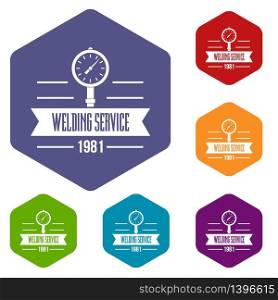 Welding service icons vector colorful hexahedron set collection isolated on white . Welding service icons vector hexahedron