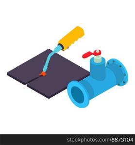 Welding steel icon isometric vector. Welding torch and pipe part with valve icon. Industrial equipment, repair and construction work. Welding steel icon isometric vector. Welding torch and pipe part with valve icon