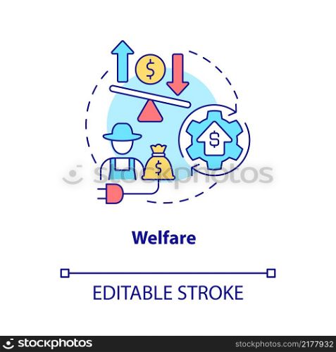 Welfare concept icon. Life quality improvement. Rural electrification abstract idea thin line illustration. Isolated outline drawing. Editable stroke. Roboto-Medium, Myriad Pro-Bold fonts used. Welfare concept icon