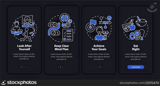 Well balanced life night mode onboarding mobile app screen. Lifestyle walkthrough 4 steps graphic instructions pages with linear concepts. UI, UX, GUI template. Myriad Pro-Bold, Regular fonts used. Well balanced life night mode onboarding mobile app screen