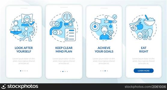 Well balanced life tips blue onboarding mobile app screen. Lifestyle walkthrough 4 steps graphic instructions pages with linear concepts. UI, UX, GUI template. Myriad Pro-Bold, Regular fonts used. Well balanced life tips blue onboarding mobile app screen