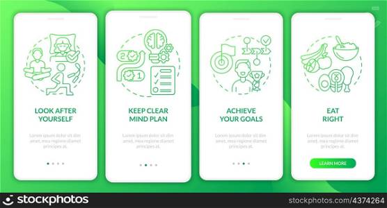 Well balanced life tips green gradient onboarding mobile app screen. Tips walkthrough 4 steps graphic instructions pages with linear concepts. UI, UX, GUI template. Myriad Pro-Bold, Regular fonts used. Well balanced life tips onboarding mobile app screen