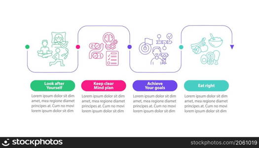 Well balanced life tips square infographic template. Healthy life. Data visualization with 4 steps. Process timeline info chart. Workflow layout with line icons. Myriad Pro-Bold, Regular fonts used. Well balanced life tips square infographic template